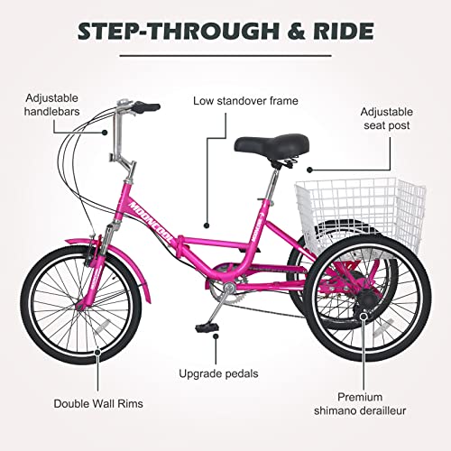 Adult Folding Tricycle 7 Speed 20/24/26 Inch 3 Wheel Bike with Large Basket A30463
