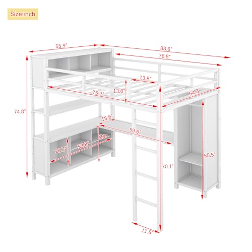 Metal Loft Bed with Wardrobe and L-Shaped Desk, Full Size with Storage Cubes and Shelves J450846