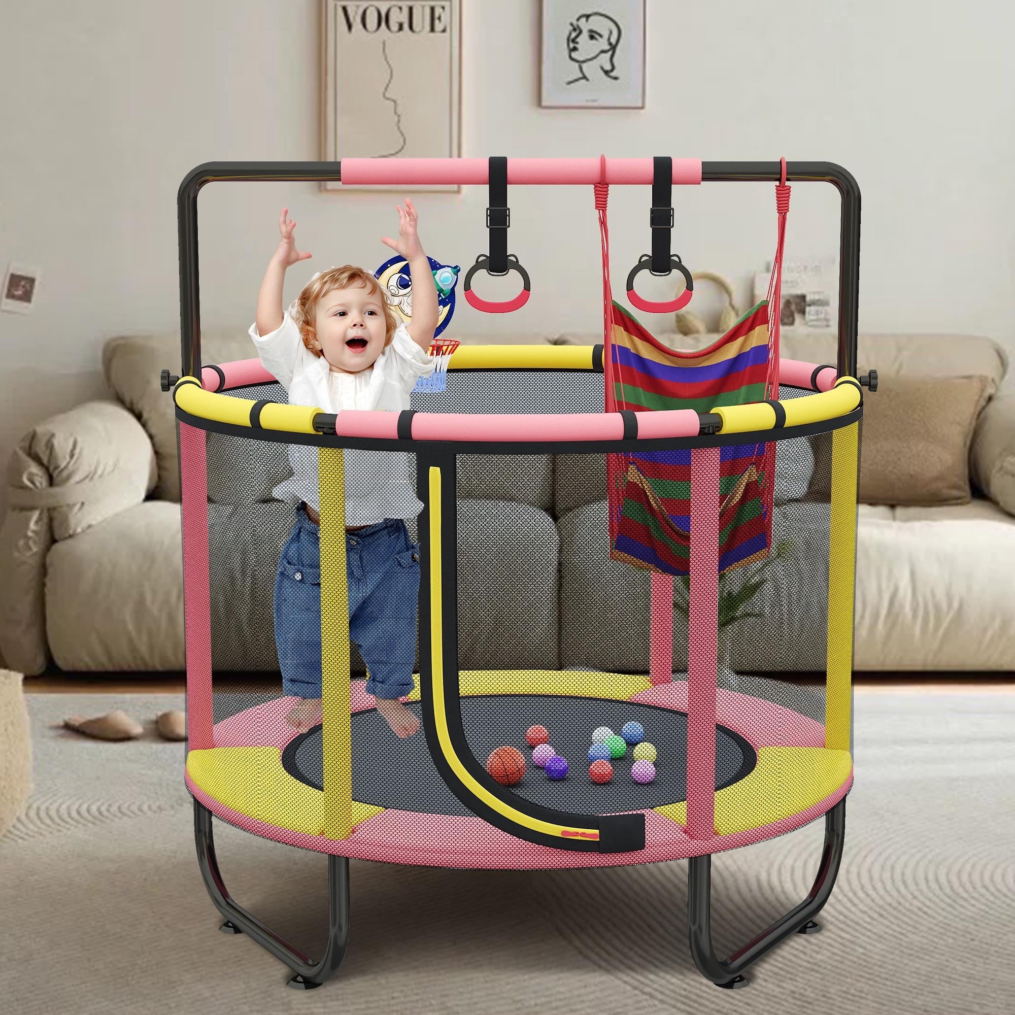 Mini Trampoline for Toddlers with Enclosure and Basketball Hoop F952