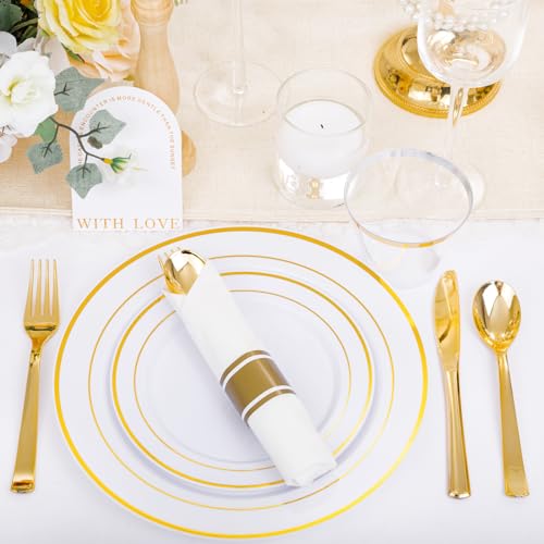 350PCS Clear Gold Plastic Dinnerware Set for 50 Guests, Disposable Plates, Cups & Silverware N692