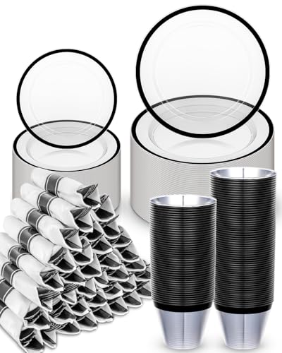 Disposable Plates Set for 50 Guests, Plastic Dinnerware with Cups and Napkins J193