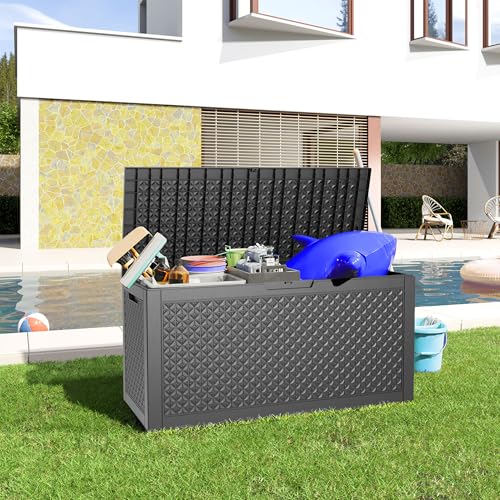 100 Gallon Resin Deck Box, Lockable Patio Outdoor Storage, Waterproof - Black F75230