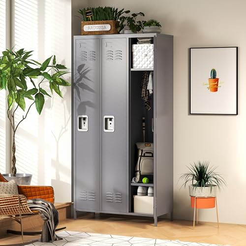 3-Door Steel Storage Locker with Shelves and Hooks I822961