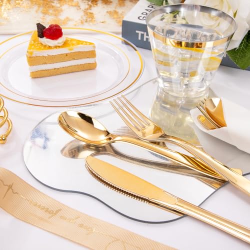 350PCS Clear Gold Plastic Dinnerware Set for 50 Guests, Disposable Plates, Cups & Silverware N692