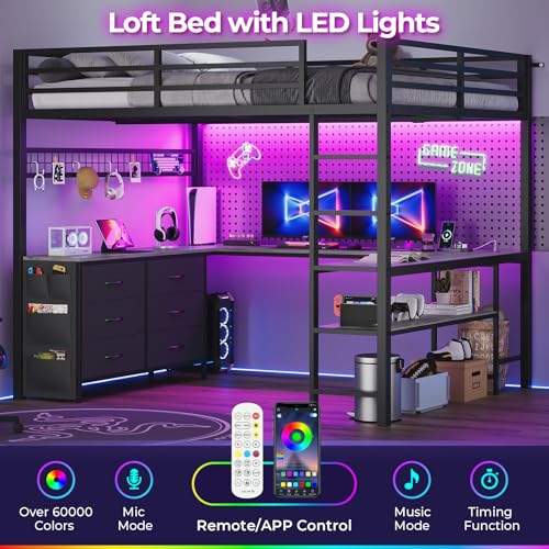 Loft Bed Full Size with U-Shaped Desk, Storage Drawers, Power Outlet, LED, Safety Guardrail & Ladders P611917