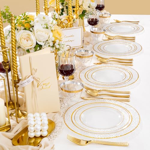 350PCS Clear Plastic Plates with Gold Trim for 50 Guests, Disposable Dinnerware Set O686017