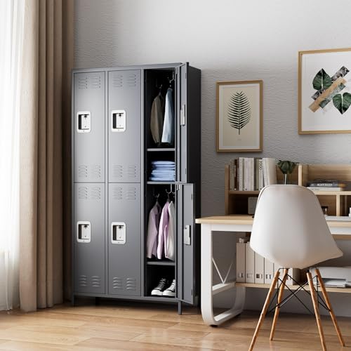6 Door Metal Storage Locker with 18 Hooks, Black & Dark Grey K6611