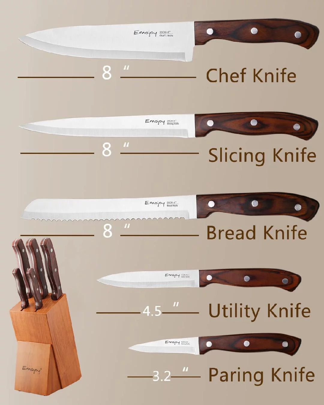 Kitchen Knife Set with Block, 6 Pcs Stainless Steel Wooden Handle A84817