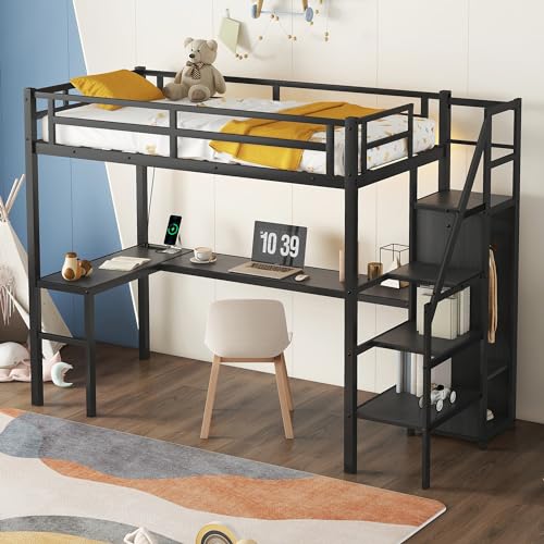 Metal Loft Bed with Wardrobe and L-Shaped Desk, Full Size with Storage Cubes and Shelves J450846