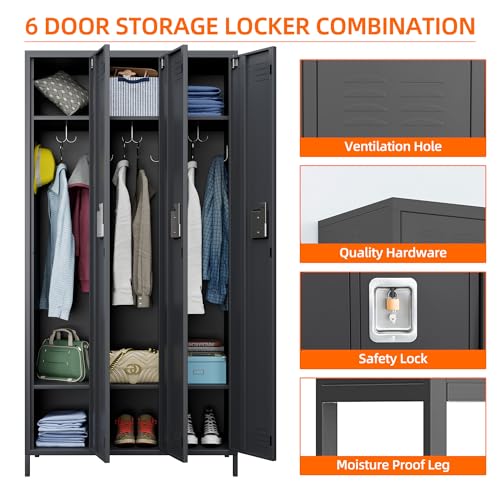 6 Door Metal Storage Locker with 18 Hooks, Black & Dark Grey K6611
