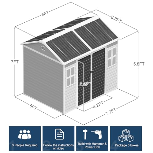 Outdoor Resin Storage Shed with Floor 8x6x7 FT Waterproof, Gray U422