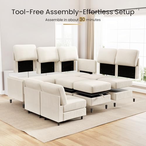 Modular Sectional Sofa Bed with Storage Ottoman, Beige S706