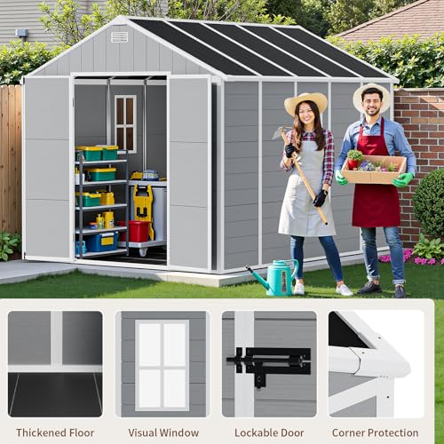 Resin Outdoor Storage Shed with Floor and Window, Lockable Small Tool Shed for Garden Patio Backyard, Light Gray V985
