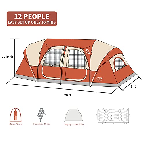 12-Person Camping Tent, 3 Room Family Tent, Waterproof Windproof with Carry Bag Q601154