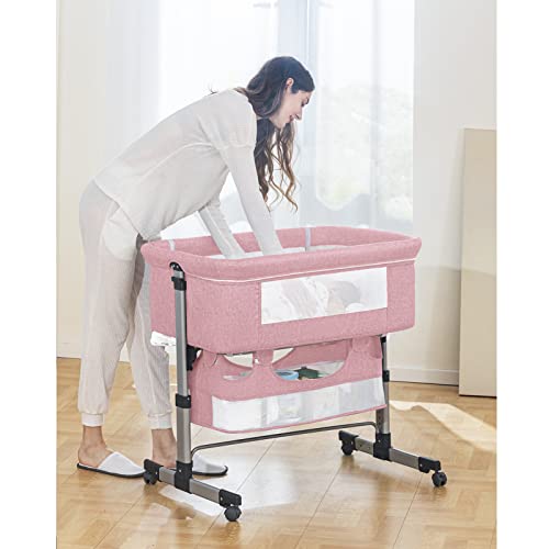 Baby Bassinet Bedside Sleeper with Storage Basket, Easy Folding, Adjustable, Pink D26019