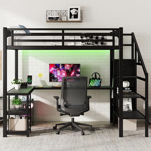 Full Size Metal Loft Bed with L-Shaped Desk and USB Port, Heavy Duty Frame with Wardrobe and Shelf I76318