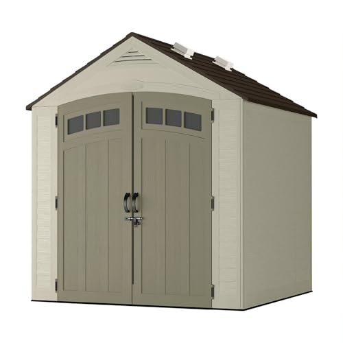 Suncast Vista 7x7 Storage Shed with Multi-Wall Resin Panels, 4 Skylights, IllumiVent System, and Pad-Lockable Doors, 84" D x 84" W x 98" H, Made in The USA