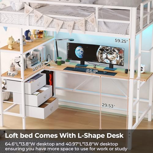 Loft Bed Full Size with L-Shaped Desk and Charging Station G796