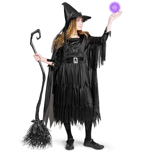 Kids Witch Costume with Broom and Hat, Halloween Party Dress, XL R9875