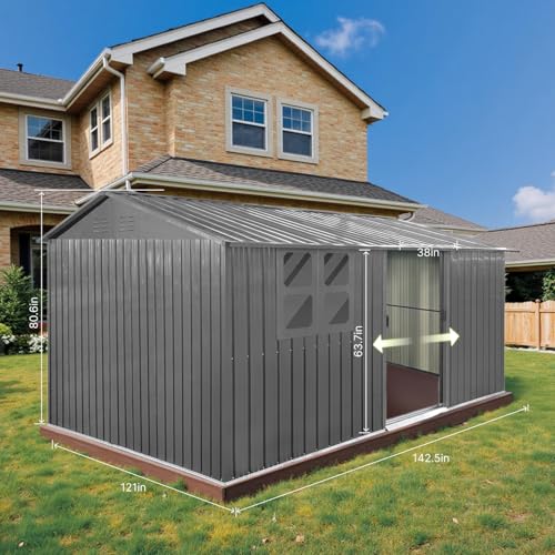 10 x 8 ft Outdoor Storage Shed, Metal Building with Windows and Lockable Doors, Grey Q206