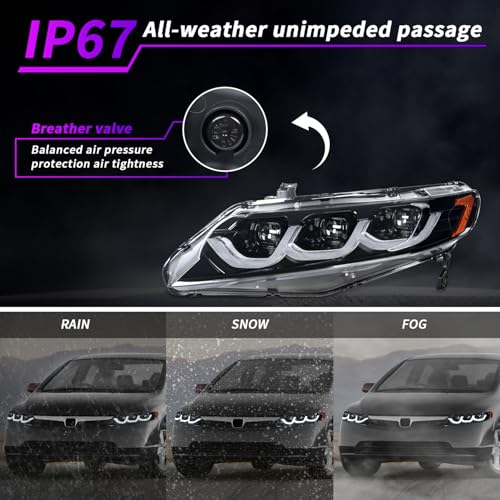 LED Headlights for Honda Civic Sedan 2006-2011, Projector Headlamp Assembly with Sequential Turn Signal, Pair J2961