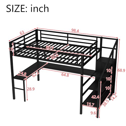 Queen Size Loft Bed with LED Lights, USB Ports and L Shaped Desk T2498