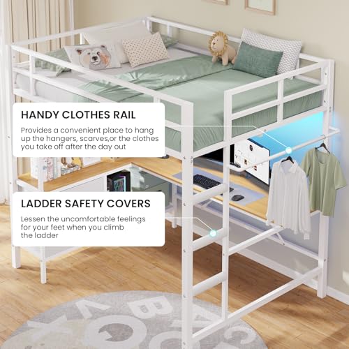 Loft Bed Full Size with L-Shaped Desk and Charging Station G796