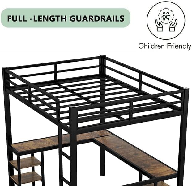 Full Size Loft Bed with Wardrobe and L-Shaped Desk, Metal with Storage Cubes, White Q15057