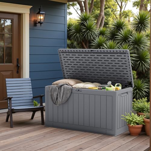 31 Gallon Resin Deck Box Waterproof Indoor Outdoor Storage for Patio Cushions and Garden Tools L90121