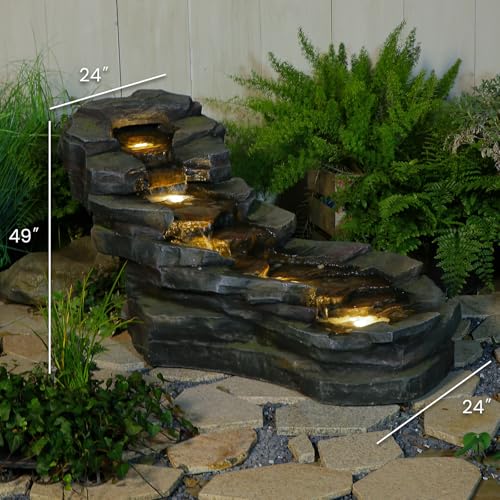 37" Outdoor Garden Water Fountain, 5-Tier Rock Waterfall with LED Lights H197