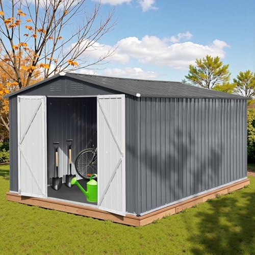 10 x 8 ft Outdoor Storage Shed, Metal Building with Windows and Lockable Doors, Grey Q206