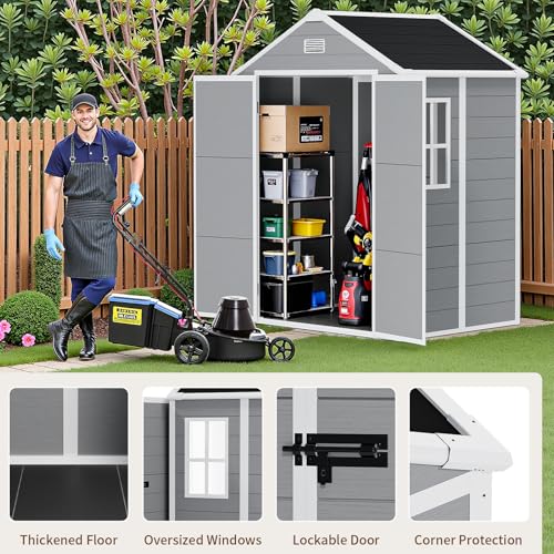 Resin Outdoor Storage Shed with Floor and Window, Lockable Small Tool Shed for Garden Patio Backyard, Light Gray V985