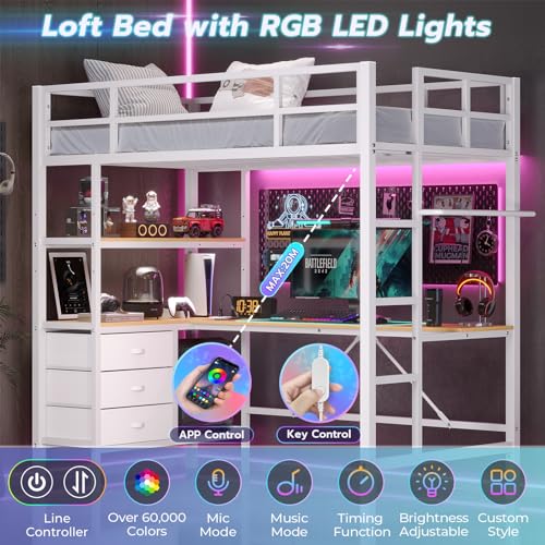 Loft Bed Full Size with L-Shaped Desk and Charging Station G796