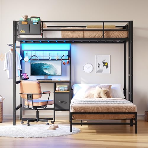 Twin Over Twin Bunk Bed with Desk, Charging Station and LED Lights F705929