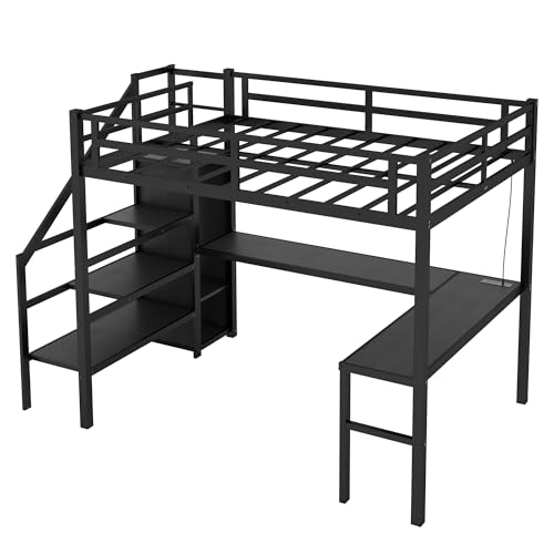 Metal Loft Bed with Wardrobe and L-Shaped Desk, Full Size with Storage Cubes and Shelves J450846