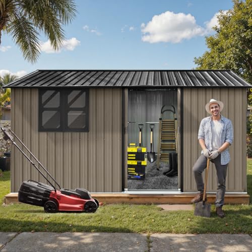 10 x 8 ft Outdoor Storage Shed, Metal Building with Windows and Lockable Doors, Grey Q206
