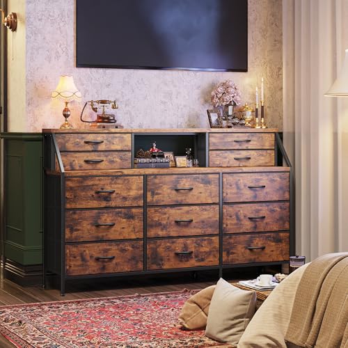 55" Dresser with 13 Fabric Drawers and 2 Open Shelves, Rustic Brown K688