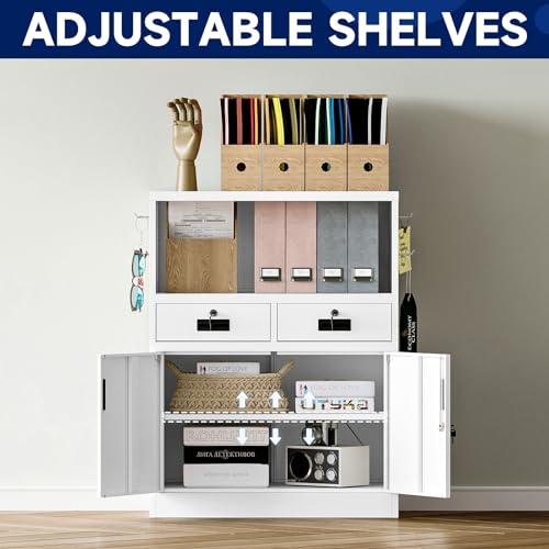 Locking Cabinet with 2 Drawers, Metal Storage Cabinet with Locking Doors and Shelves J89434