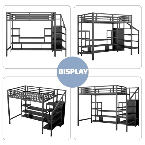 Queen Loft Bed with L-Shaped Desk and Stairs, Metal Frame, Black F92113