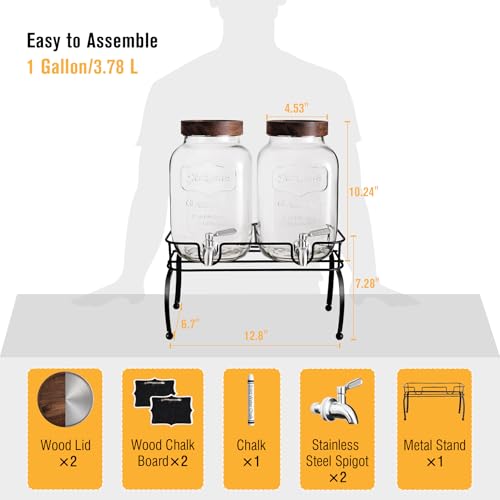 Glass Drink Dispenser with Stand and Spigot, 1 Gallon, Set of 2 I5509