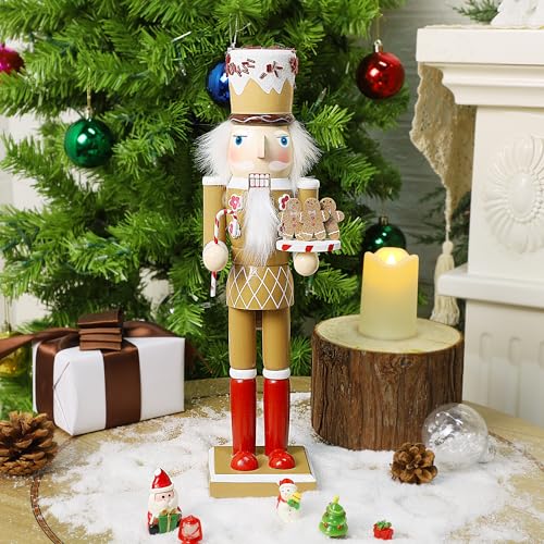 14 Inch Christmas Nutcracker Figures, Wooden Santa Chef Holding Gingerbread Men, Tabletop Centerpiece Decor R14704