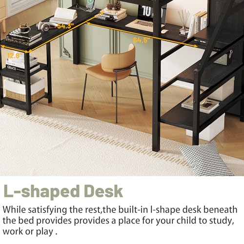 Queen Loft Bed with L-Shaped Desk and Stairs, Metal Frame, Black F92113