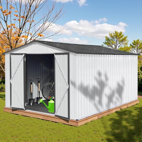 10 x 8 ft Outdoor Storage Shed, Metal Building with Windows and Lockable Doors, Grey Q206