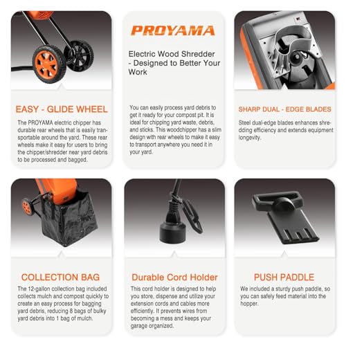 Electric Wood Chipper Corded Shredder with Collection Bag and Push Stick F45954