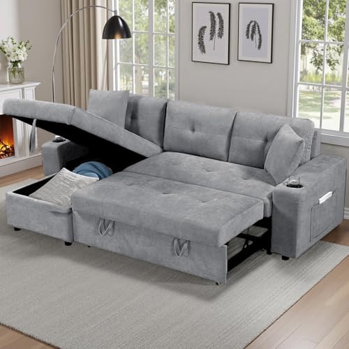 Reversible Sectional Sofa Bed with Storage Chaise, Linen Fabric, Light Gray B49418