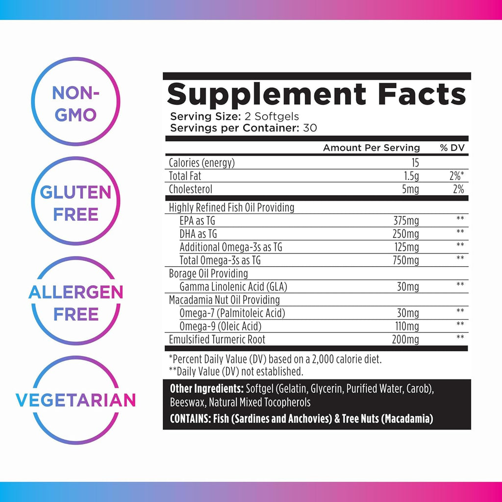Omega 3 6 9 Plus Turmeric Curcumin Supplement, 60 Softgels W892