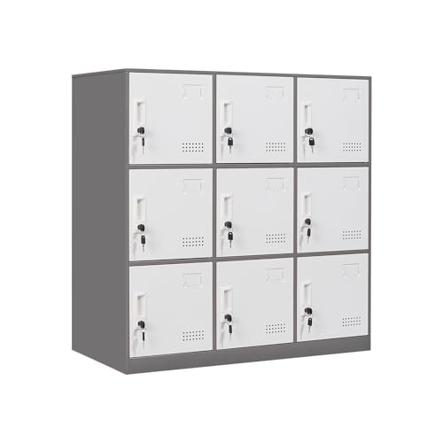 Steel Locker Organizer, 9-Door Locking Cabinet, Grey & White P6906