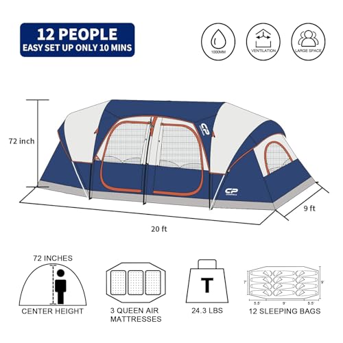 12-Person Camping Tent, 3 Room Family Tent, Waterproof Windproof with Carry Bag Q601154