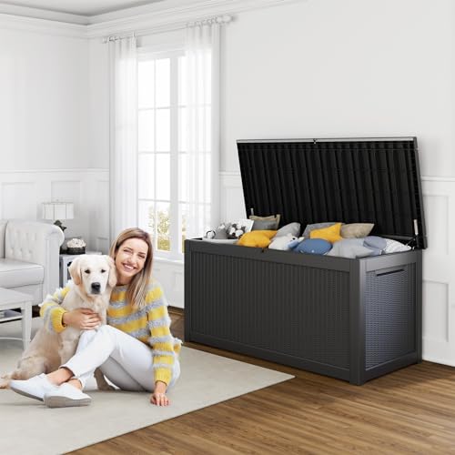 100 Gallon Resin Deck Box, Lockable Patio Outdoor Storage, Waterproof - Black F75230