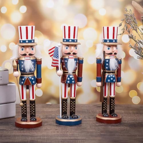 Patriotic Nutcracker Figurines Wooden Soldier Statue with Cane for Independence Day Decoration C859373
